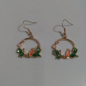 Nature-Inspired Enamel Hoop Earrings with a Carrot and Green Leaves